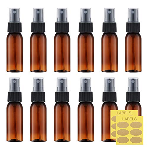 1oz Small Spray Bottle (12 Pack), Mini Travel Size Plastic Sprayer | 30ml empty atomizer bulk, fine mist, water pump, refillable watercolor mister set, portable spritzer, leak proof, TSA, brown - color: Amber (12pcs)