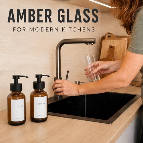 2 Pcs Amber Glass Foaming Soap Dispenser with Pump, 8.5 oz Bottles | Refillable Soap Dispensers for Hand Wash, Dish Liquid, Shampoo, Gel - Rich Foam with Every Press, for Bathrooms and Kitchens