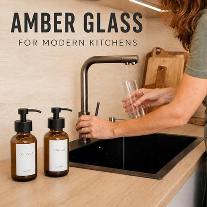 2 Pcs Amber Glass Foaming Soap Dispenser with Pump, 8.5 oz Bottles | Refillable Soap Dispensers for Hand Wash, Dish Liquid, Shampoo, Gel - Rich Foam with Every Press, for Bathrooms and Kitchens