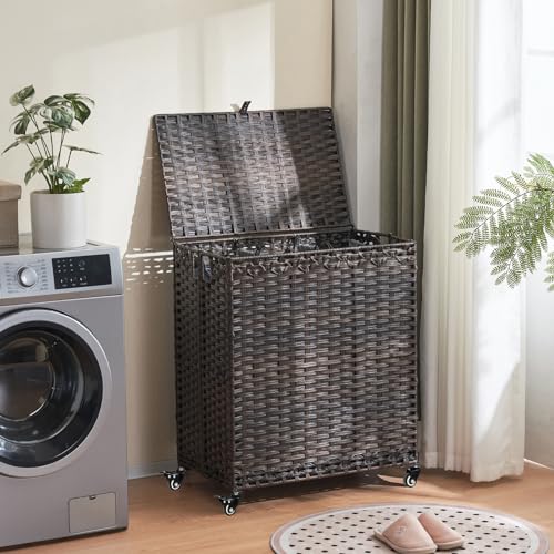 Laundry Hamper with Wheels&Lid, 50.2 Gallons(190L) Rolling Laundry Basket with Wheels, 3-Section Laundry Hamper, Handwoven Rattan Clothes Hamper with 6 Removable Liner& 3 Mesh Laundry Bags, Brown - color: Brown