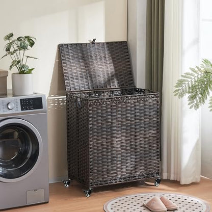 Laundry Hamper with Wheels&Lid, 50.2 Gallons(190L) Rolling Laundry Basket with Wheels, 3-Section Laundry Hamper, Handwoven Rattan Clothes Hamper with 6 Removable Liner& 3 Mesh Laundry Bags, Brown - color: Brown