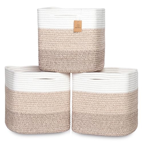 NaturalCozy 13 Inch Cube Storage Bins Cotton Rope Woven Baskets for Organizing 3-Pack | 13 x 13 Storage Cubes | Fabric Square Storage Baskets for Shelves Organizer, Kids Toy Bins, Closet Baby Nursery - color: 3-Tone Brown, size: 13 x 13 x 13 (Standard)