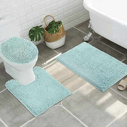 Standard 3pc Non-Slip Shaggy Chenille Bathroom Mat Set, Includes 24"x21" U-Shaped Contour Toilet Rug, 34"x21" Inches Bathmat and 1 Toilet Lid Cover, Spa Blue - color: Spa Blue, size: 24''x21’’, 34’’x21’’ and TLC (Set)