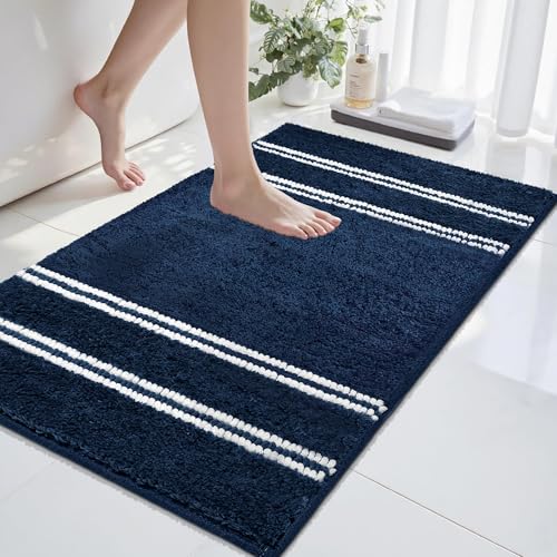 Bathroom Rugs Non Slip Washable 24x17, Ultra Soft Super Absorbent Bath Rugs for Bathroom Floor, Shaggy Chenille Bath Rug, Microfiber Plush Quick Dry Bath Mat for Bathtub, Sink and Shower, Navy - color: Navy, size: 17''x24''