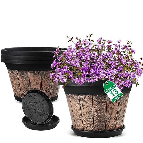 Quarut Large Plastic Plant Pots Set of 4 Pack13 inch,Whiskey Barrel Planters with Drainage Holes & Saucer.Flower Pots Imitation Wine Barrel Design for Indoor & Outdoor Garden Balcony Plants (Brown) - size: 13 inches