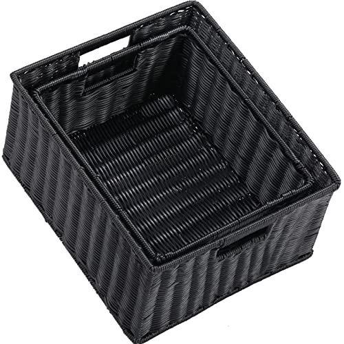 HOONEX Large Wicker Baskets for Storage, Plastic Baskets for Organizing with Dual Handles, Woven Baskets for Storage, Set of 2, (Black, 15 x 12.8 x 7.5 inches) - color: Black, size: 15 x 12.8 x 7.5 inches