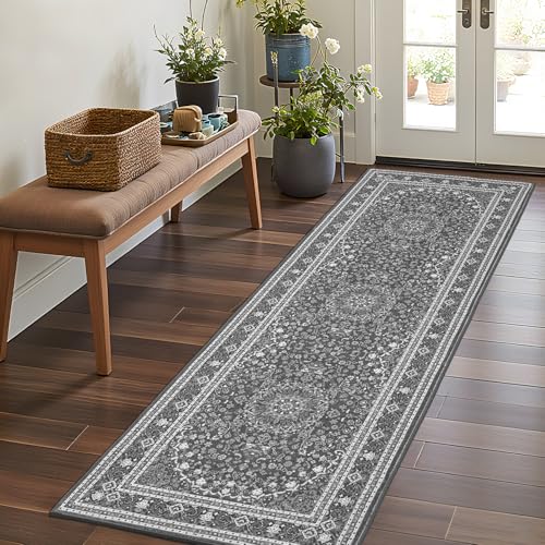 2 x 6 Runner Rug for Hallway, Washable Entryway Rugs, Grey White | Boho Faux Wool Low Pile Long Rug for Kitchen Bedroom, Floral Medallion Vintage Carpet with Non-Slip Backing, Kid Pet Friendly - color: Grey White, size: 2' x 6' (Runner)
