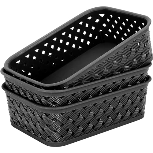 MaxGear 3 Pack Plastic Storage Baskets, Small, Black | Durable Woven Plastic with Built-In Handles, Suitable for Shelves, Closets, Cabinets, Bathrooms and Offices - color: Black, size: Small