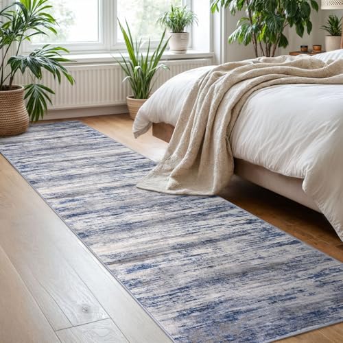 KOZYFLY ModernWashable Rug Runner 2x8 Hallway Runner Rug Grey-Blue | Non-Slip, Non-Shedding, Low Pile Soft, Abstract Striped, For Hall Kitchen Entryway Bathroom Laundry Bedroom Foyer - color: Blue-grey, size: 2' x 8' (Runner)