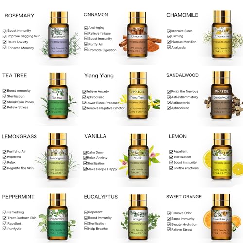 PHATOIL Essential Oil Set for Skin Care, Aromatherapy, Diffuser | 100% Natural and Pure, Gift Set Ideal for Massage, Home, DIY Candle Soap Making, 12Pcs x 5ml