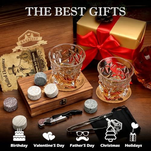 Whiskey Stones Gift Set, 2 Large Crystal Whiskey Glasses in Wood Gifts Box | 6 Granite Scotch Chilling Rocks, Tongs & Velvet Pouch, Best Gifts for Men Dad Husband Him Christmas Birthday Holiday Present - style: Diamond Glasses+Round Stones