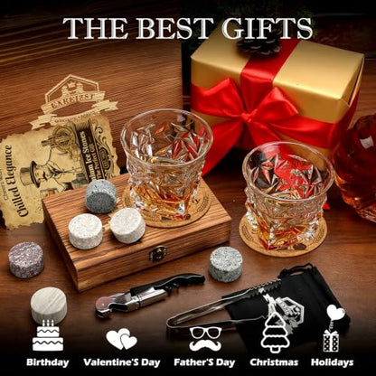 Whiskey Stones Gift Set, 2 Large Crystal Whiskey Glasses in Wood Gifts Box | 6 Granite Scotch Chilling Rocks, Tongs & Velvet Pouch, Best Gifts for Men Dad Husband Him Christmas Birthday Holiday Present - style: Diamond Glasses+Round Stones