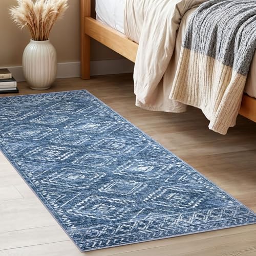 KILOCOCO Washable Runner Rug 2x5 ft Hallway Runners, Stonewashed Blue | Non Slip Runner Rug, Printed Kitchen Runner Rug, Low-Pile Entryway Runners, Soft Geometric Rugs for Bedroom Hall Living Room - color: Stonewashed Blue, size: 2' x 5' (Runner)