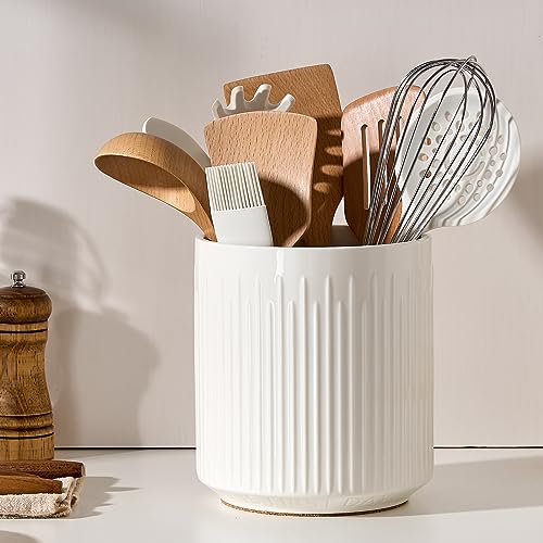 JIEMEI HOME Utensil Holder, 7.2" Large Ceramic Stable Utensil Crock for Kitchen Counter, Utensil Holder with Cork Mat, Removable Bamboo Divider for Easy, Kitchen Decor, White - color: White