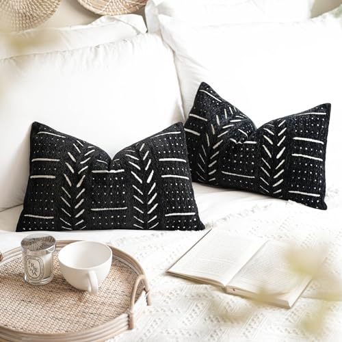 Black Decorative Lumbar Throw Pillow Covers 12X20, Set of 2, Boho Farmhouse Cushion Cover, Soft Accent Pillowcase for Couch Sofa Bed Living Room Home Décor - color: Black, size: 20" x 12" (Pack of 2)