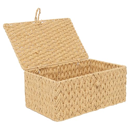 Handwoven Paper Rope Basket with Lid Storage Organizer | Natural Woven Wicker Bins for Closet, Bathroom, Office-Rustic Decor Organizer for Gifts & Countertop - color: Paper rope