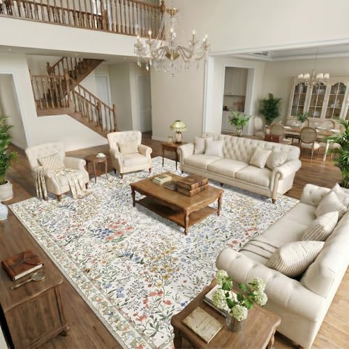 Large Washable Area Rug 12x15: Vintage Floral Distressed Botanical Rug - Machine Washable Non Slip Low Pile Soft Foldable Carpet - Great Room Open Concept Family Room Luxury Indoor Rug - 12'x15' Beige - color: Beige, size: 12x15