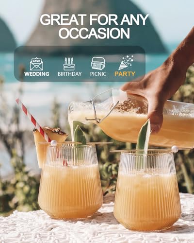 40 Pack Plastic Wine Glasses, 12 Oz Disposable Cocktail Whiskey Glasses | Ribbed Stemless Champagne Margarita Glasses, Clear Unbreakable Reusable Plastic Cups for Party Wedding Birthday - color: Ripple-40 Pack
