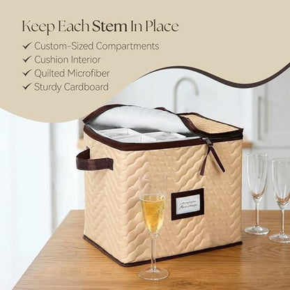 Wine Glass Storage Box with Dividers, Holds 12 Champagne Flute 3" Wide | 2 Pack, Stemware Storage Case, Protects Fine China, Durable Quilted Microfiber, Carry Handles, Ideal for Champagne Flute - size: Champagne Flute, style: 2 Pack