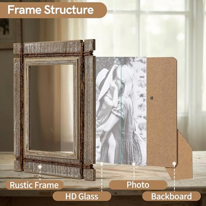 Afuly 5x7 Picture Frames Set of 2 Rustic Wood Farmhouse Unique Photo Frame | Distressed Western with Real Glass & Hemp Rope, Wall and Tabletop, Home Decor Birthday Gifts for Mom Dad Friends - size: 5x7