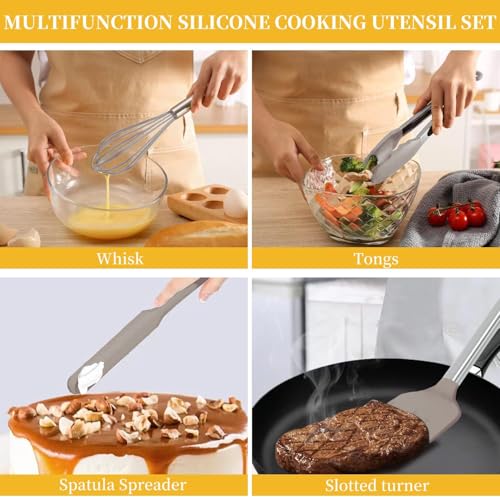 Silicone Kitchen Cooking Utensils Set with Stainless Steel Handle, Spatula Set Utensil Set, Cooking Utensil Set,Kitchen Tools Gadgets for Nonstick Cookware (35, Khaki) - color: Khaki