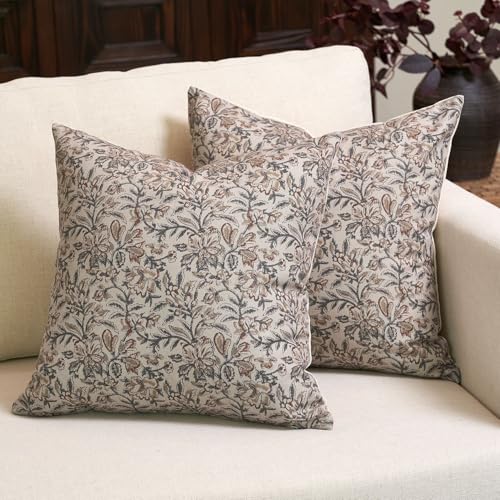 Amor Virisso Floral Throw Pillow Covers 18x18 Set of 2 Couch Pillows for Living Room Farmhouse Vintage Block Print Pillow Covers Decorative Pillow Covers Accent Sofa Pillows, Green/Sand - color: Green/Sand, size: 18" x 18" (Pack of 2)