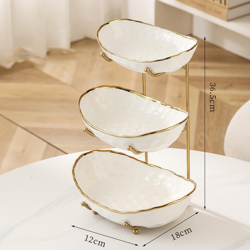 White Fruit Bowl with Gold Metal Stand, 3 Tier Modern Ceramic Fruit Bowl Fruit Rack for Kitchen Counter, Tiered Fruit Basket for Snacks Bread Candy Storage (White,3 Tier) - color: White A,3 Tier