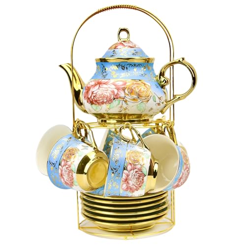 20 Pieces Porcelain Tea Set With Metal Holder, European Ceramic tea set for adults,Flower Tea Set,Tea Set For Women With Flower Painting - color: Sky Blue