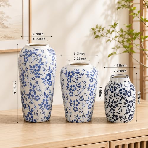 LemonRoad 3 Pack Chinoiserie Vases Porcelain Blue and White Vases for Flowers Pottery Chinoiserie Ceramic Vase for Living Room Mother's Day Decor Table Centerpiece, 6.9", 8.7", 11.8"(Rustic) - style: Rustic