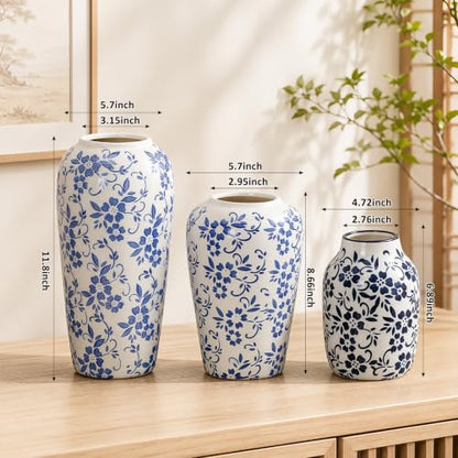 LemonRoad 3 Pack Chinoiserie Vases Porcelain Blue and White Vases for Flowers Pottery Chinoiserie Ceramic Vase for Living Room Mother's Day Decor Table Centerpiece, 6.9", 8.7", 11.8"(Rustic) - style: Rustic