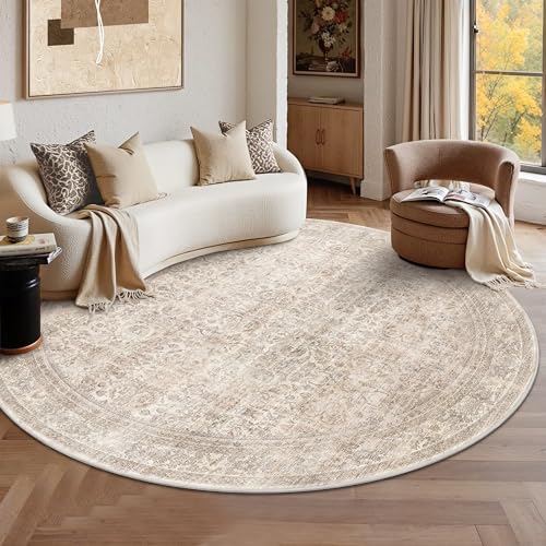 Schweek 8ft Circle Rug Neutral Beige Vintage Washable Non-Slip Round Rugs | Living Room Circular Area Rugs, Distressed Vintage Soft Low-Pile Indoor Carpet for Bedroom, Kids Room, Dining, Dorm, Office - color: Beige, size: 8' (Round)