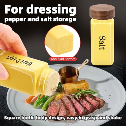 6Pcs 4 oz Square Glass Spice Jars with Label, Empty Spice Containers with Wooden Lids, Square Seasoning Containers and Supplement Set, Small Seasoning Bottles for Salt, Sugar, Pepper (Yellow) - color: Yellow