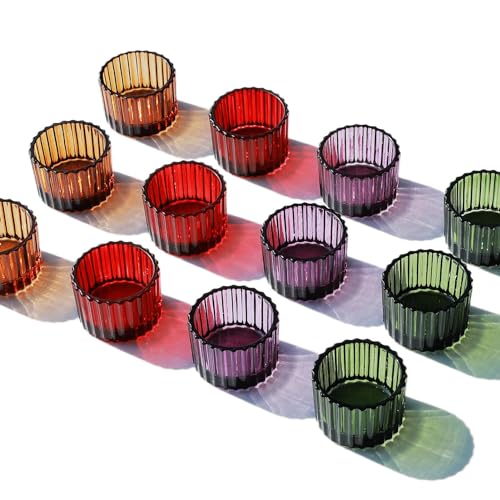 VOHO 4 Colors Tealight Candle Holder Fall Decor, Set of 12 Glass Votives | Votive Candle Holders for Table Centerpiece, Ribbed Tea Light Candle Holder for Halloween Thanksgiving Christmas Decorations - color: Multicolor
