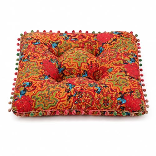 Boho Floor Cushion Seat Pillow, Thick Tufted Chair Pad with Pom Pom Trim, Cotton Linen Square Seating Cushion for Floor, Dining Chair, Reading Nook, Sofa, Office, Balcony and Living Room Decor - color: G