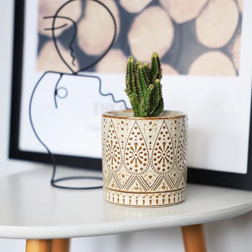 Gepege Ceramic Succulent Pots, 4 Inch Small Plant Pots with Drainage | Ceramic succulent pots with drainage holes, ceramic saucers and mesh pads, set of 4, ideal for cactus and succulents - color: White, size: 4 Inch - Set of 4