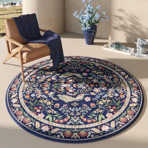 Rugcomf Round Rug 4ft Washable Circle Rug Floral Non Slip Low Pile Small Circular Rug for Bedroom, Bathroom, Entryway, Kids Room, Office(Blue) - color: Blue, size: 4' (Round)