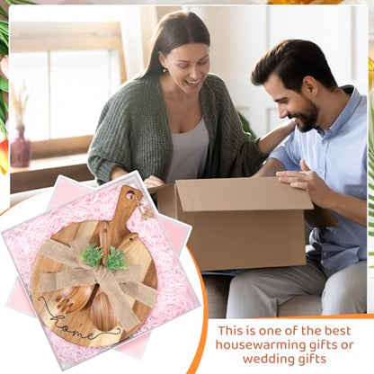 Patelai Cutting Board Gift Housewarming Cutting Board with Spoon Fork and Ribbon Charcuterie Boards Wooden Serving Tray for Cheese Fruit Bread Salad Vegetables Snack Dessert - style: round