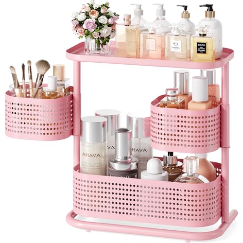 KINGRACK Metal Bathroom Counter Organizer，Rotating Countertop Storage Shelf | 3 Tier, Makeup Tray for Vanity, Perfume & Skincare, Standing Shelf for Bathroom Counter Storage, Pink - color: PINK