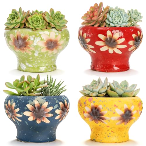 4 Inch Small Succulent Planters, Set of 4 | Hand Crafted Ceramic Plant Pots with Drainage, Colorful Decorative Flower Cactus Pots for Indoor Plants, Desk, Windowsill