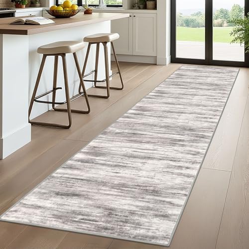 KOZYFLY Modern Abstract Washable Rug Runner 2.6x10 Hallway Rug Runner Non-Slip Soft Kitchen Runner Rugs, Grey/Light Beige/Brown Striped Carpet for Entryway Bathroom - color: Grey/Light Beige/Brown, size: 2'8" x 10' (Runner)