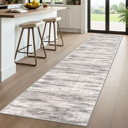 KOZYFLY Modern Abstract Washable Rug Runner 2.6x10 Hallway Rug Runner Non-Slip Soft Kitchen Runner Rugs, Grey/Light Beige/Brown Striped Carpet for Entryway Bathroom - color: Grey/Light Beige/Brown, size: 2'8" x 10' (Runner)
