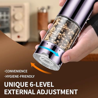 Electric Rechargeable Salt and Pepper Grinder Set - Automatic Grinder, External Adjustable Coarseness, LED Light, One-Hand Operation, Stainless Steel & Acrylic, USB Charging, Purple (Set of 2) - size: Dark Purple
