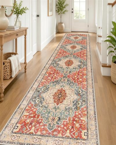 OLANLY 2'6"x14' Washable Runner Rug, Non Slip Carpet for Hallway Kitchen | Brick Red Boho Vintage Floral Medallion Farmhouse Rug, Spill & Stain Resistant Low Pile for Entryway Laundry Mudroom Corridor - color: Brick Red, size: 2'6" x 14' (Runner)