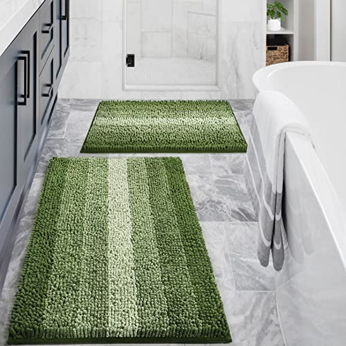 Green Bathroom Rug Set 2 Piece, Chenille Non Slip Bath Mat Set, Absorbent Shower Rug and Bath Room Floor Mats, Quick Dry Bathmat Bathroom Decor Accessories for Tub, 16" x 24", 20" x 32" - color: Green, size: 16" x 24" + 20" x 32"