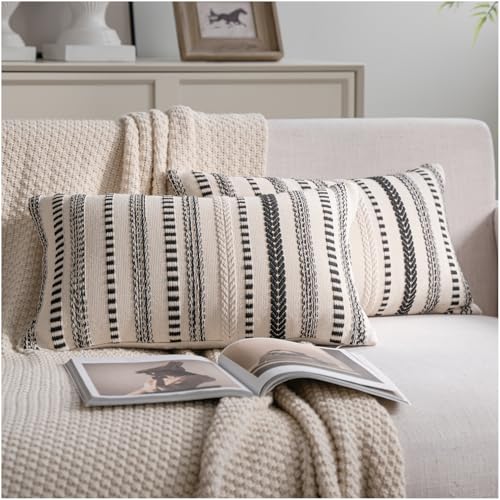 Cethom Black Boho Throw Pillow Covers 12x20 Inch Set of 2, Stripe Textured Decorative Couch Pillow Cases for Bed, Sofa, Living Room, Bedroom, Farmhouse Home Accent Cushion Covers - color: Black, size: 20" x 12" (Pack of 2)