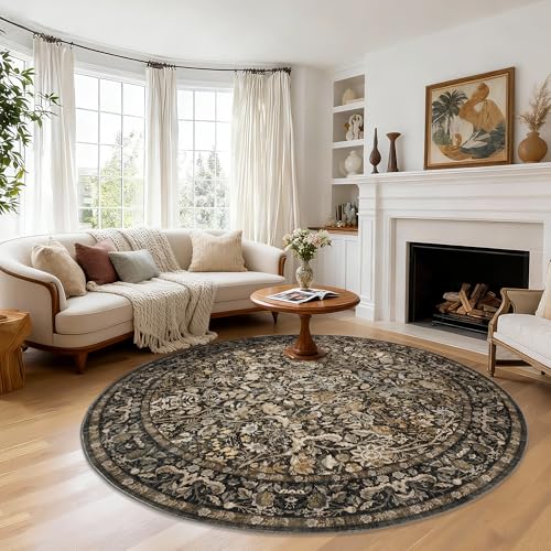 Vintage Washable Round Rug 6ft: Soft Area Rug Living Room Dining Room Brown | Oriental Floral Circle Carpet - Non-slip Easy to Clean Stain Resistant - Low-Pile 0.2in Fit Under Furniture - Pet Friendly - color: Brown and Gold, size: 6' (Round)