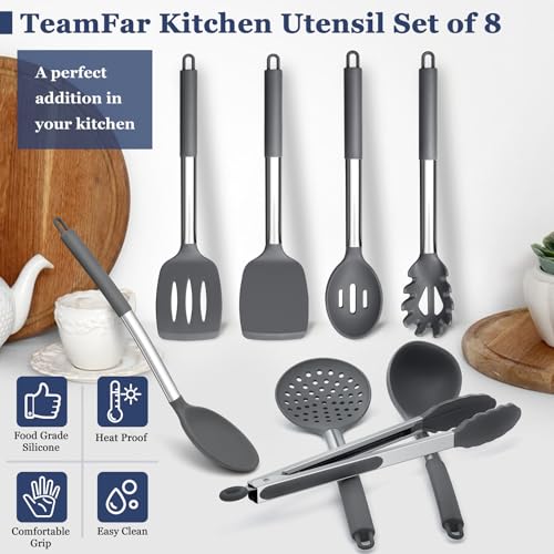 TeamFar Kitchen Utensils Set of 8, Silicone Utensils Kitchen Tools | Stainless Steel Handle, for Nonstick Cookware Frying Flipping Draining, Healthy & Anti-heat, Nonstick & Dishwasher Safe -Gray - color: Light Grey