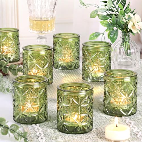 Green Votive Candle Holders Set of 12-Vintage Green Candle Holder for Wedding,Tea Light Candle Holders for Home Table Centerpieces Decor,Glass Candle Holder for Baby Shower & Bridal Shower - color: Green