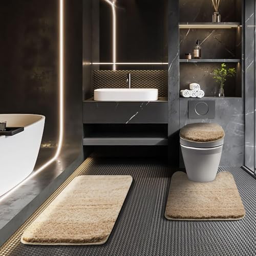 Bathroom Rugs Sets 3 Piece with Toilet Seat Cover 17.5"x 15" | Machine Washable Bath Rug Set with Tpr Non Slip Rubber Backing Solid Bath Mat Set for Luxury Bathroom Decoration - color: Beige, size: 17.5" x 15"+ 32" x 20"+ U 24" x 20"