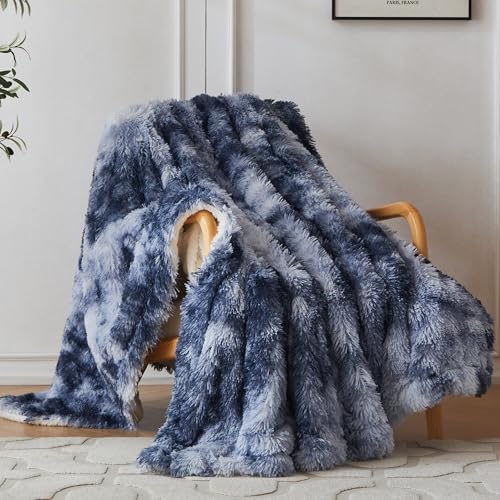 COOVA Ultra Soft Faux Fur Throw Blanket – Fuzzy Fluffy Cozy Microfiber Blankets, Warm Thick Plush Sherpa Fleece Throw Blanket for Couch,Bed,Sofa,Ideal Gift for Women.(Tie Dye Blue, 50"x60") - color: Tie Dye Blue, size: 50"x60"
